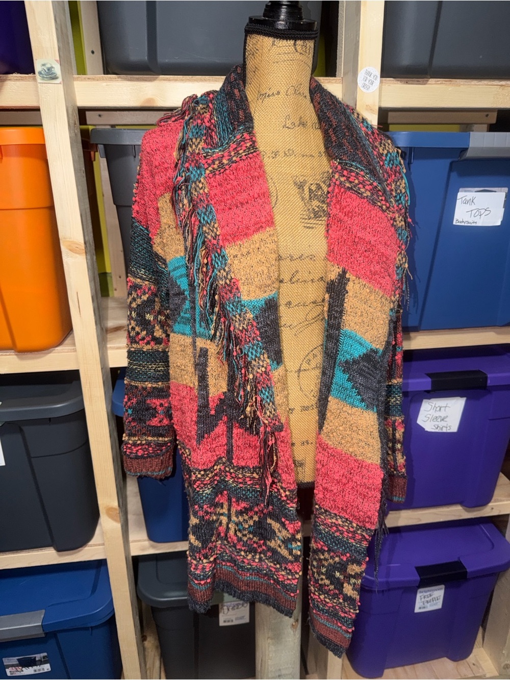 Chunky Multicolor Fringe Cardigan Sweater - Pink/Tan/Blue
